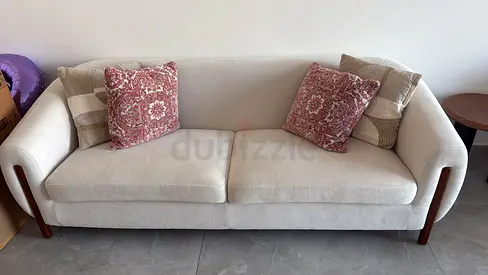 Modern 3 Seater Fabric Sofa in Beige with Wooden Accents