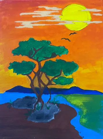 Hand-Painted Sunset Landscape Acrylic Painting – Vibrant Wall Art