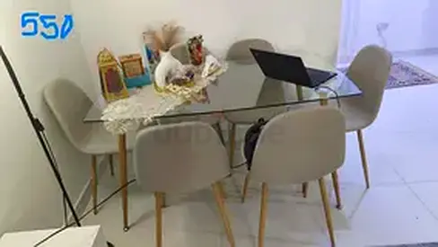Glass Top Dining Table with 4 Beige Chairs - Good Condition