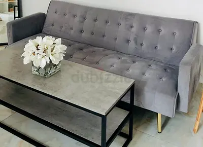 Grey tufted 3-seater sofa with gold legs - good condition