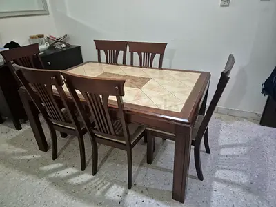 Solid Wood Marble top Dining Table with 6 Chairs and Tile Inlay - Good Condition