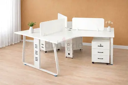White 3 Person Office Workstation Desk with Pedestal Drawers, Privacy Panels  Cable Management Tray