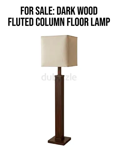 Dark Wood Fluted Column Floor Lamp with Square Fabric Shade