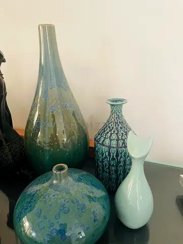 Set of Four Decorative Ceramic Vases - Blue/Green Tones