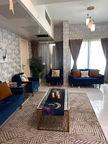 Full sofa set + 2 golden tables + carpet
