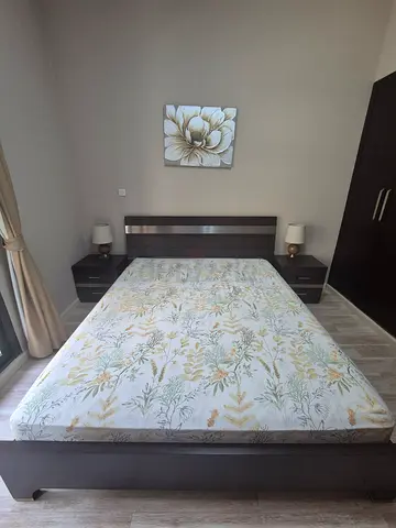 King Size Bed set for sale: Bed + Mattress + Bedside Tables + Lamps + Dresser with mirror