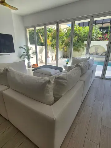 New Custom Made 4 Seaters Cloud L Shape Sofa With Ottoman in Artic White Used for Villa staging