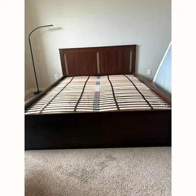 Queen wooden platform bed frame with slats - dark brown