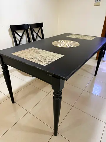 Black Wooden Dining Table with Inlay - 6 Seater
