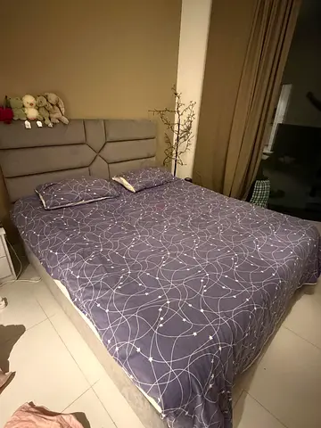 Double bed with upholstered headboard and mattress - good condition