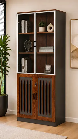 Modern Bookshelf with Glass Doors – Wooden File Storage Cabinet For UAE Offices