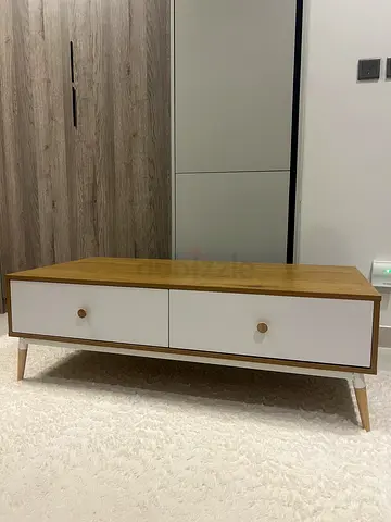 Wooden coffee table with two drawers - light oak and white