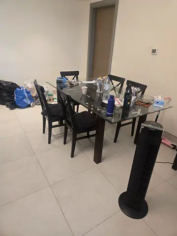 Glass Top Dining Table with 6 Chairs - Dark Wood Frame