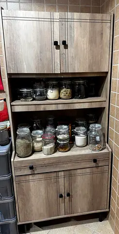 Wooden Kitchen Storage Cabinet with Open Shelves with glass jars