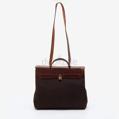Authentic Hermes Herbag 39 Chocolate/Terre Toile and Vache Leather Top Handle Bag