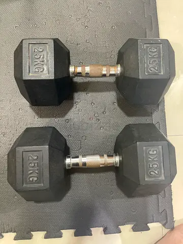 Pair of 25kg Hex Rubber Dumbbells - Good Condition