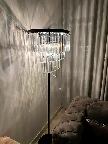 Crystal tiered floor lamp with black stand - elegant living room light