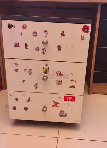 White 3-Drawer Bedside Cabinet with stickers — good for kids room