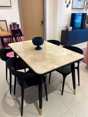 Real Marble-top Dining Table with 4 Black Chairs — Modern, Excellent Condition