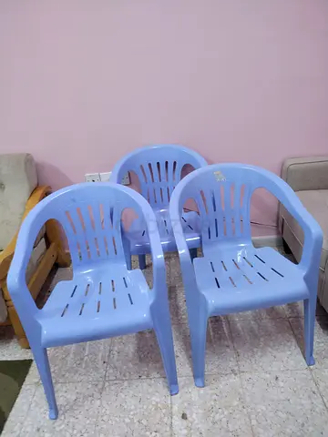 Set of 3 light blue plastic armchairs - sturdy outdoor/indoor seating