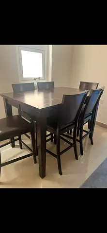 Solid Dark Wood 6-Seater Dining Table with High Chairs
