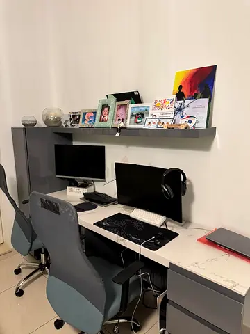 Large grey double study desk with wall shelf and drawers - good condition