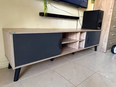 Low-profile TV Entertainment Unit with Storage - Light Wood  Dark Grey