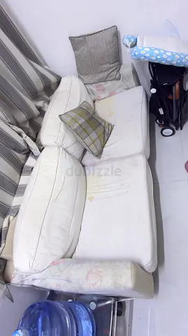 2-seater white fabric sofa — used, some stains, good frame , Sofa Cover available