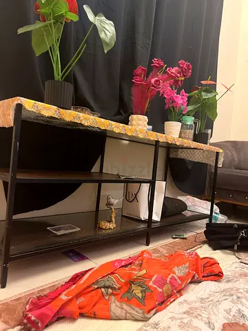 Black metal and glass console table with wooden top