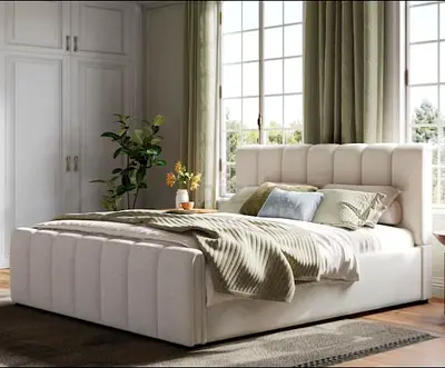 Upholstered King Size Bed with Padded Headboard - Neutral Fabric