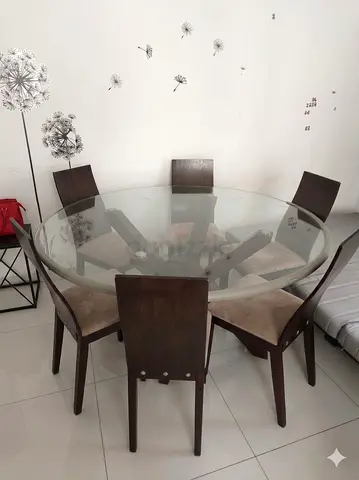 Big Round Glass 150cm Top Dining Table with 5 Wooden Chairs