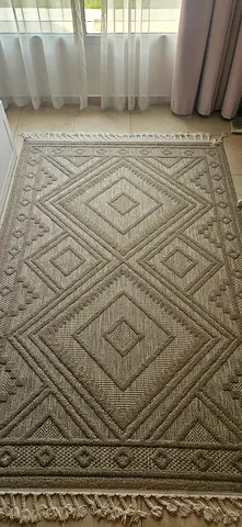 Beige Textured Geometric Area Rug with Fringe - Good Condition