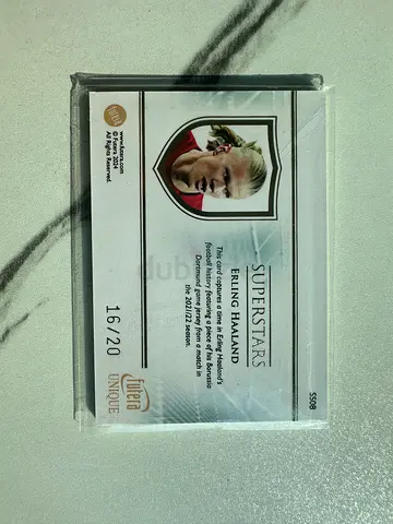 Erling Haaland Futera Unique Superstars 16/20 numbered Match-Worn Jersey Card. Sleeved and cased.