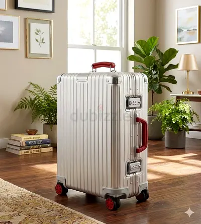 Rimowa Silver hard-shell carry-on suitcase with red handles and wheels