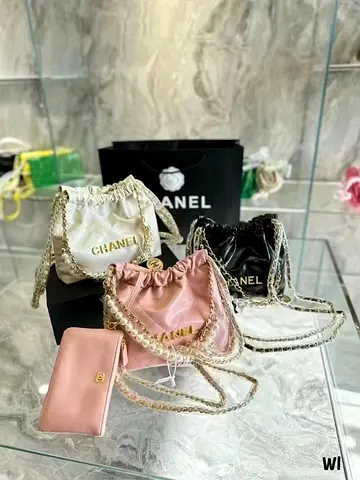 Chanel drawstring chain shoulder bags - set of 3 (white, pink, black) + wallet