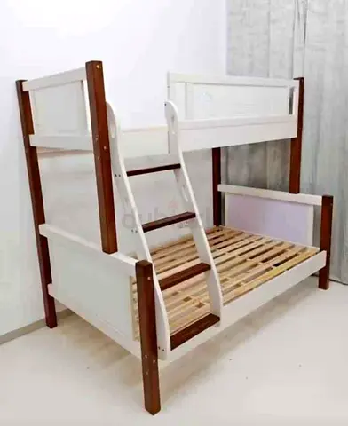 Wooden white  brown bunk bed - twin over full, sturdy kids bed