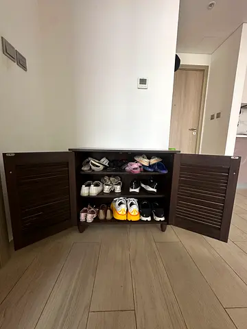 Dark Wood Shoe Cabinet with Louvered Doors