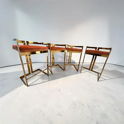 Set of 4 Luxury Gold Bar Stools – Orange Velvet Seats – Designer Style