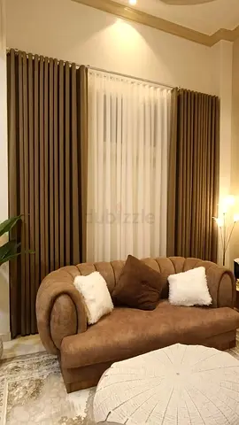 Pair of Brown Fabric Curtains with Sheer Inner Panels - Good Condition