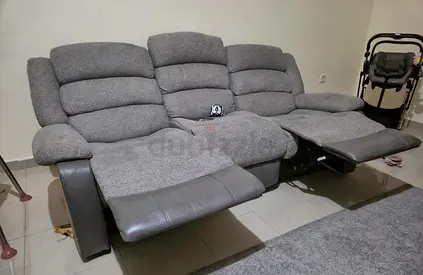 3-Seater and 2 seater Recliner Sofa with Fabric Cushions and Leather Accents - Grey