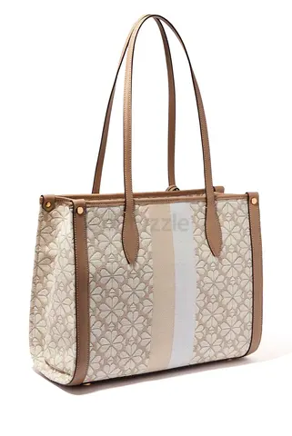 Beige Floral Pattern Tote Bag with Long Straps