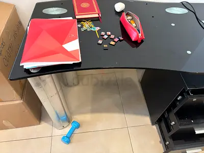 Modern Black Glass Top Study Desk with Side Drawers