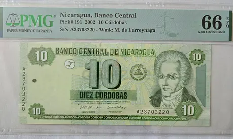2002 Nicaragua 10 Cordobas Banknote Collector PMG 66