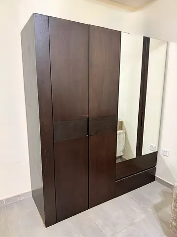 Dark wood bed and 6-door wardrobe with mirror and drawers - good condition