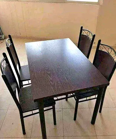 Used 4-Seater Dark Wood Dining Table with Metal Frame and Chairs
