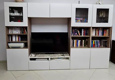 White Modular Entertainment Unit with Shelves and Cabinets - Good Condition