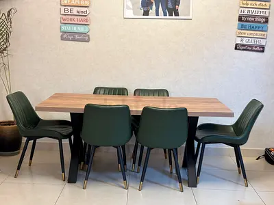 Solid Wood Dining Table with 6 Green Upholstered Chairs