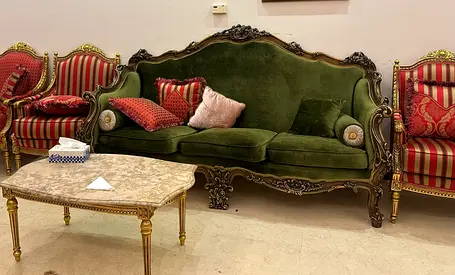 Pair of Vintage Green Velvet Wingback Armchairs + 2 x 3 seater couch with Carved Wood Frames