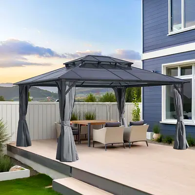 8-Seater Outdoor Gazebo Canopy with Curtains - Grey