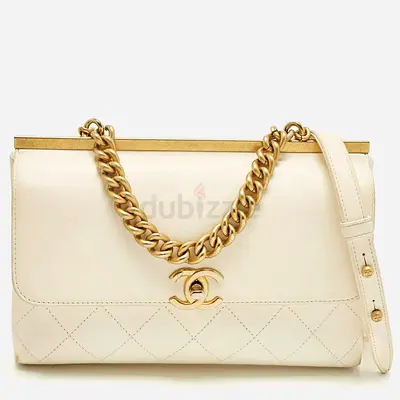 Authentic Chanel Coco Luxe Small Off White Quilted Leather Flap Bag